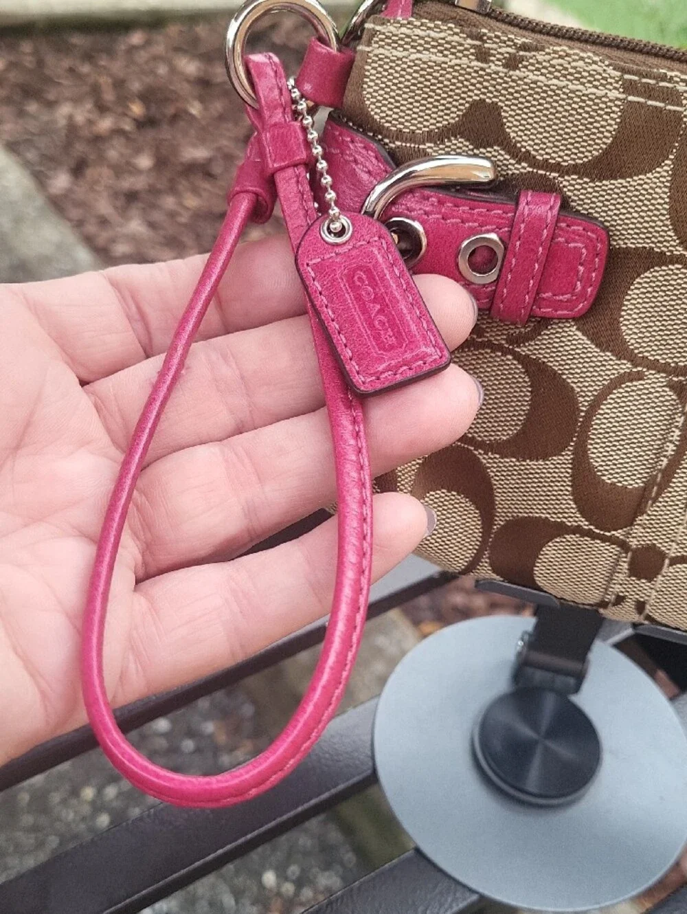 Coach Signature Canvas Wristlet in Brown with Pink Trim